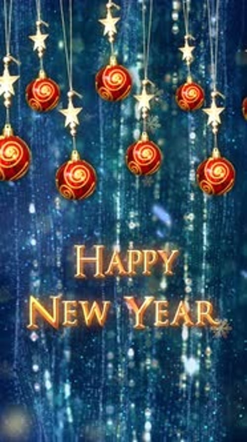 Glowing Happy New Year Title with Festive Ornaments