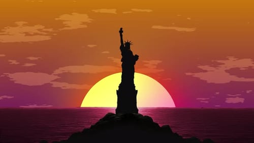 Silhouettes Statue Of Liberty Animation With Sun Rising. Independence Day Motion Animation