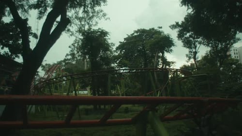 Abandoned Amusement Ride Park On A Cloudy Day. Static Shot