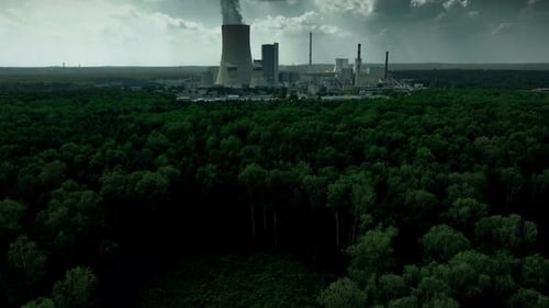Aerial View Coal Power Plant. Smokestacks on a coal electric power plant.