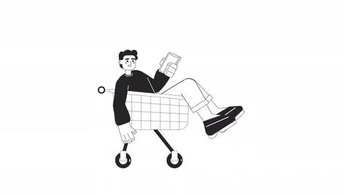 Modern Person Using Smartphone in Shopping Cart Animation