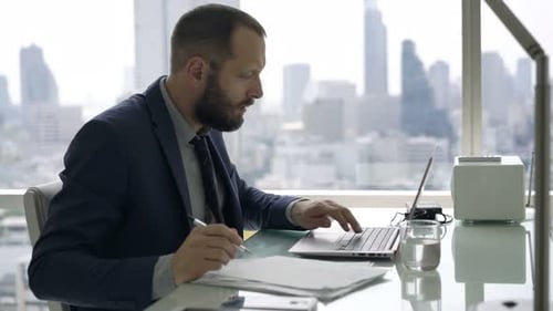 Young Businessman Working with Documents and Laptop Sitting by Desk in Office Adult