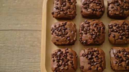 Chocolate Chip Brownies on Wooden Tray