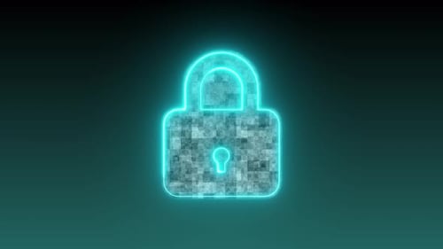 Neon Digital animation of digital lock moving in the screen Background, Cyber Attack, Hacking.