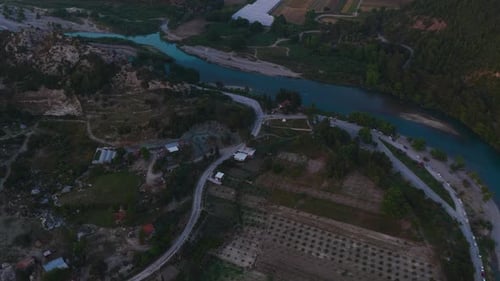 Aerial Video of Farmland and River at Sunset