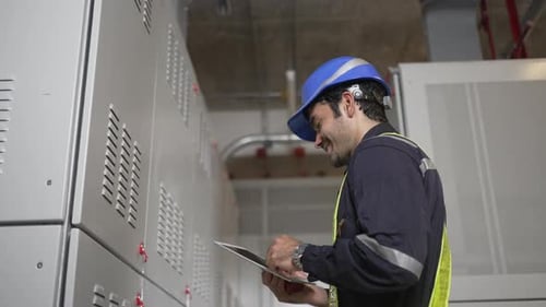 Engineer is working on the basement of high rise building.