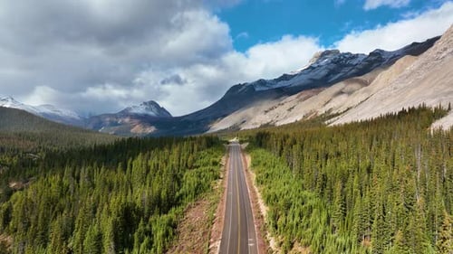 The road in the mountain valley. Traveling by car. Landscape from the air. Video for background.