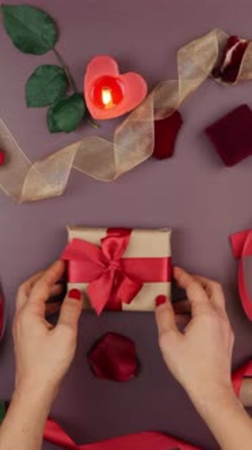 Female tying red bow on wrapped gift box for St. Valentine's Day. Vertical video
