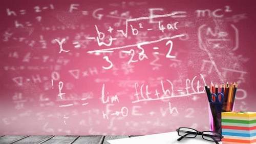 Digital composition of school stationary equipment on wooden surface against mathematical equations