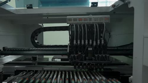 Automatic pick and place machine is installing components on circuit board.