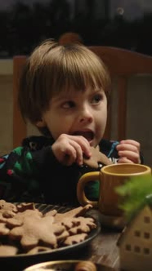 Child Eats Gingerbread Cookies at Christmas Table