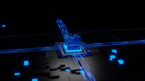 Sci-fi Cube Design: Visualizing CPU Digitalization with Blue Energy Pulse Expansion