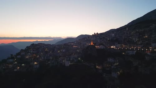 Aerial footage over greek village Arachova after the sunset