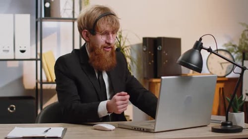 Businessman Working on Laptop Wearing Headset Call Center Support Service Operator Office Helpline