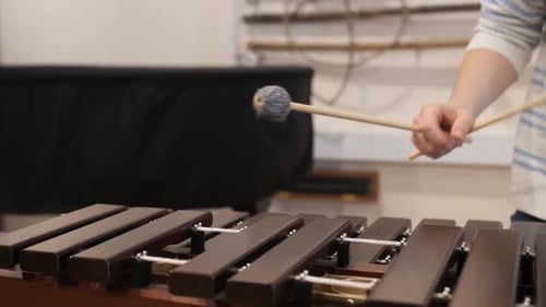 Musician Playing Xylophone Instrument with Mallets Indoors