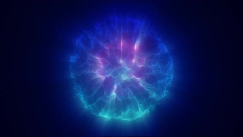 Blaue Energie, leuchtende Kugel, futuristisches Atom aus Partikeln und Energiewellen im Hintergrund