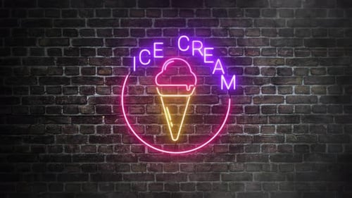 Ice cream neon signboard flickering on bricks wall background. Neon sign with ice cream logo design