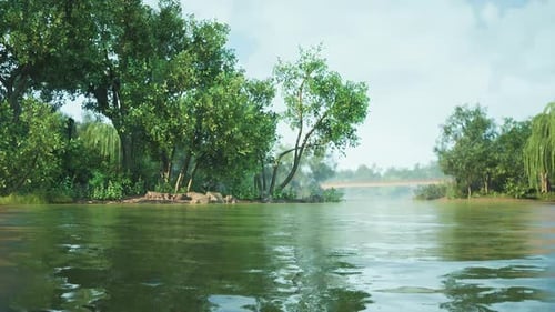 Serene River Landscape with Green Trees and Reflections