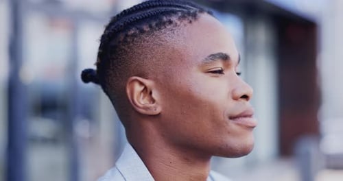 Business, smile and side profile with black man in city for commute, morning and professional
