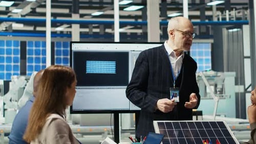 Empresários em fábrica fotovoltaica fazendo investimentos financeiros