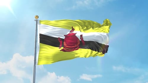 Realistic Brunei Darussalam Flag Waving Against Sunny Sky