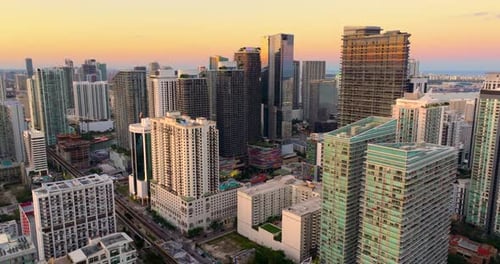 Miami Brickell in Florida USA at Sunset View From Above of Skyscraper Buildings in Downtown District