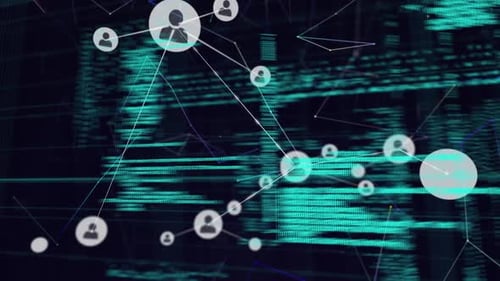 Animation of network of connected people icons with information moving behind on black