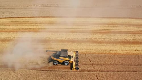 Aerial shot of combine harvesting agriculture. Farming combine concept.