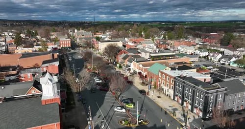 Scenic Aerial View of a Historic Small Town Main Street