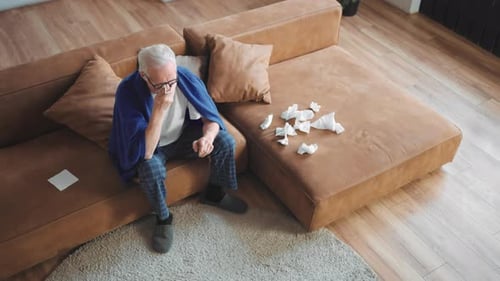 Runny Nose and High Temperature Old Man Taking Pills When Feeling Bad at Home Modern Medicine for