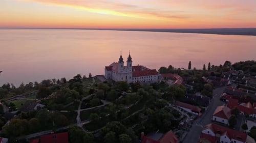 Aerial view of Tihany Abbey at sunrise, Hungary.