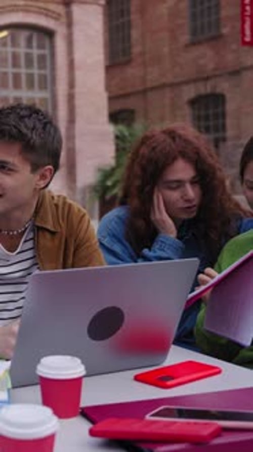 Group of Diverse Students Talking Animated Working Together Using at Laptop Outdoor