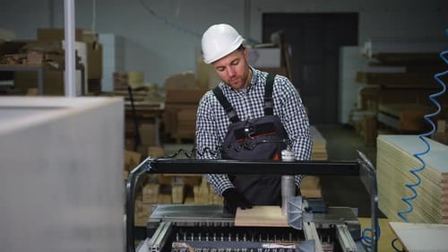 Man Operating Drilling Machine in Wood Workshop