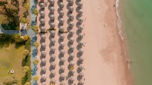 Aerial View of Umbrellas Palms on the Sandy Beach People Blue Sea with Waves at Sunset