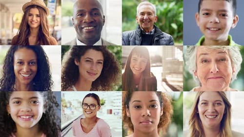 Vielfalt, Gesicht oder Lächeln, Collage, zusammengesetzter oder globaler, einzigartiger, internationaler oder identitätsspezifischer Unterschied