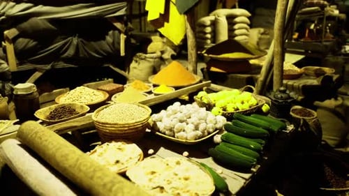 Vibrant Street Market Featuring Fresh Produce and Aromatic Spices Vividly