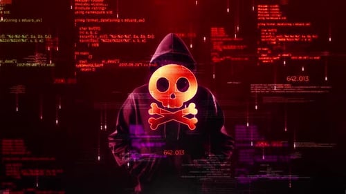 Futuristic Hacker with Skull and Crossbones Digital Code Animation