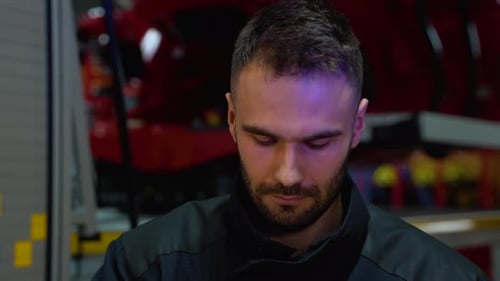 Firefighter Putting on Protective Helmet and Preparing for Action While Standing in Fire Station