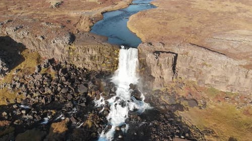 Aerial panorama of the Oxararfoss waterfalls in Iceland