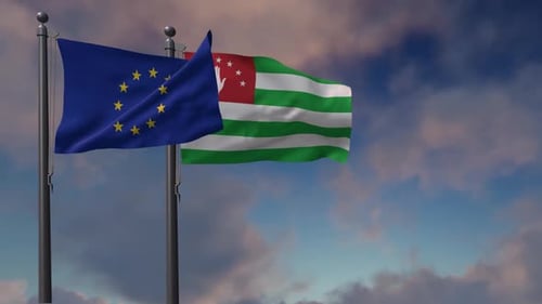 European Union and Abkhazia Flags Waving Realistically in the Wind