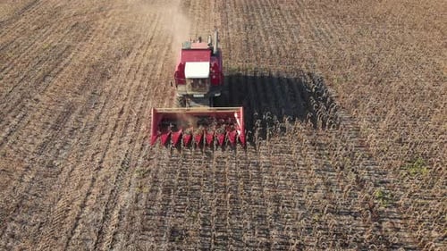 Aerial Shot of a Moving Combine Harvester Collecting Sunflower Seeds in Autumn Agriculture Food