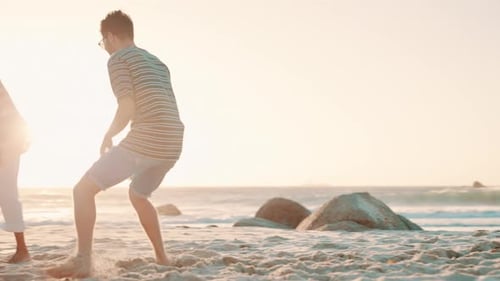 Happy friends, running or playing soccer by ocean on vacation, sun and bonding together on adventure