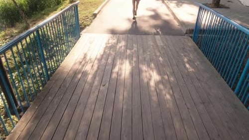 Young Woman Jogging on a Sunny Wooden Bridge