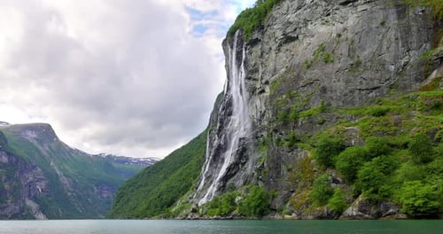 Geiranger fjord, waterfall Seven Sisters. Beautiful Nature Norway natural landscape.