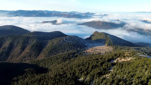 Aerial View of Mountainous Landscape with Forests Valley Full of Fog