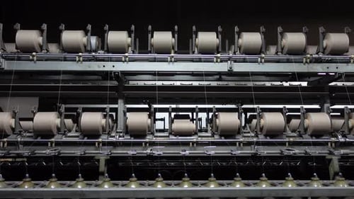 Automated Yarn Production In Modern Textile Plant. Cotton Yarn Making Machine.4K