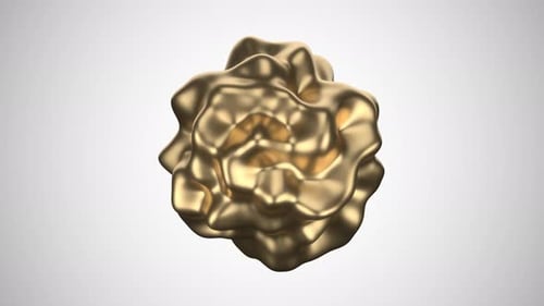 Moving shiny golden abstract fluid organic shape sphere object on white and grey background. Loop.