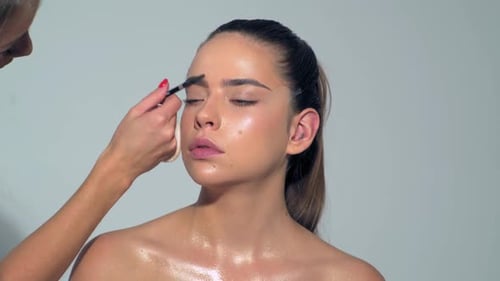 Beautiful Young Woman Getting Eyebrow Makeup Makeup Artist Applies Makeup with Cosmetic Brush Beauty