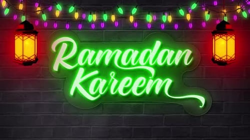 Texte au néon Ramadan Kareem avec lanterne et lumières V3