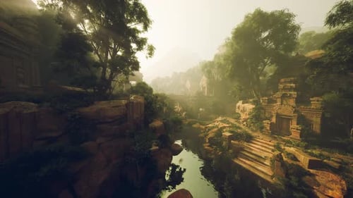 Scène matinale sereine d'anciens temples nichés dans la jungle brumeuse